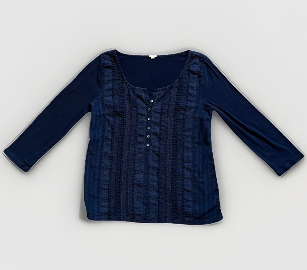 J Crew Henley Top Womens Medium Navy Cotton Eyelet Lace Front Shirt